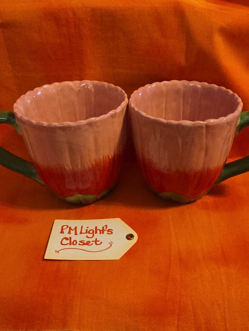 Pier 1 Imports Set of 2 Pink Daisy Flower Mugs Ceramic Pink Red Green